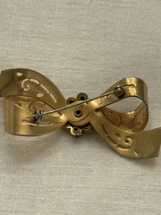 Vintage Coro Signed Script Bow Brooch Pin Gold Tone 1940s 1950s Rhinestone 2.25”