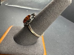 Vintage Baltic Amber Sterling Silver 925 Ring Teardrop Cabochon Ornate Sz 9.75