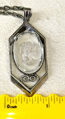 Vintage Silver Tone Hexagon Pendant 24″ Necklace w/ Clear Cameo Profile Resin