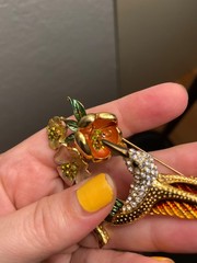 Vintage Gold Tone White and Green rhinestone hummingbird brooch with flowers