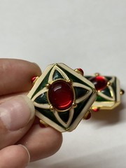 JOAN RIVERS ENAMEL GREEN RED LUCITE CAB CLIP ON EARRINGS SIGNED