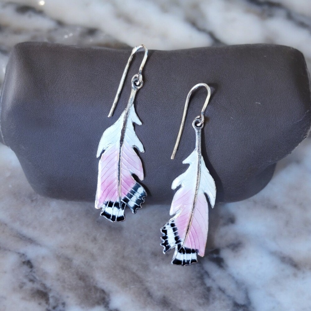Vintage Estate Sterling Silver Dangle Feather Earrings Hook Pink White Enamel