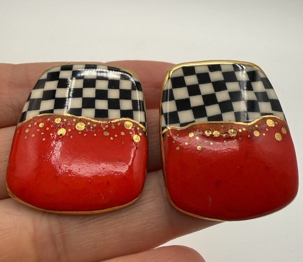 Vintage 80’s Jewelry 10 Cynthia Chuang Earrings Modernist Checkerboard Ceramic