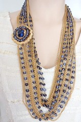 Vintage Signed Marvella Multi Strand Long Necklace Large Brooch Blue Glass Beads