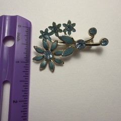 vtg Blue Rhinestone Enamel Floral Metal Brooch Pin