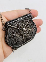 Antique Silver Tone Intricate Filigree Swirl Flower Coin Perfume Purse Pendant