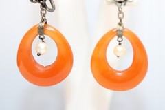 vintage carnelian oval circle dangle center pearl screwback earrings #0101