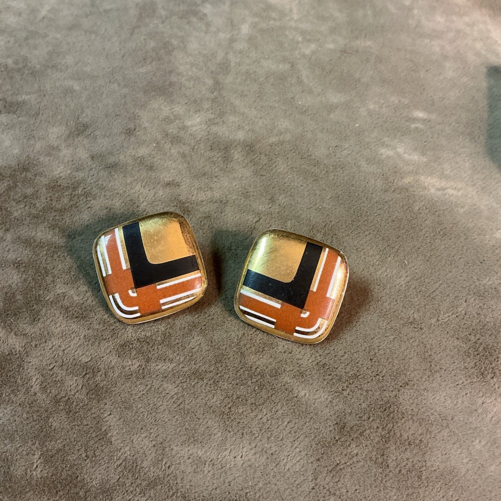 Circa 1970s hand painted porcelain post back Square shape earrings
