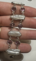 Lavender Amethyst Stone 6″ -7″ White Pearl Beads Silver Vintage 14.3g Bracelet