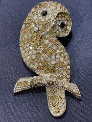 Large Vintage Owl Bird AB Rhinestone Brooch Pin Perched On Branch Costume