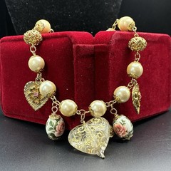 Romantic Vintage Assemblage Necklace, Valentine Hearts Roses & Rhinestones OoaK
