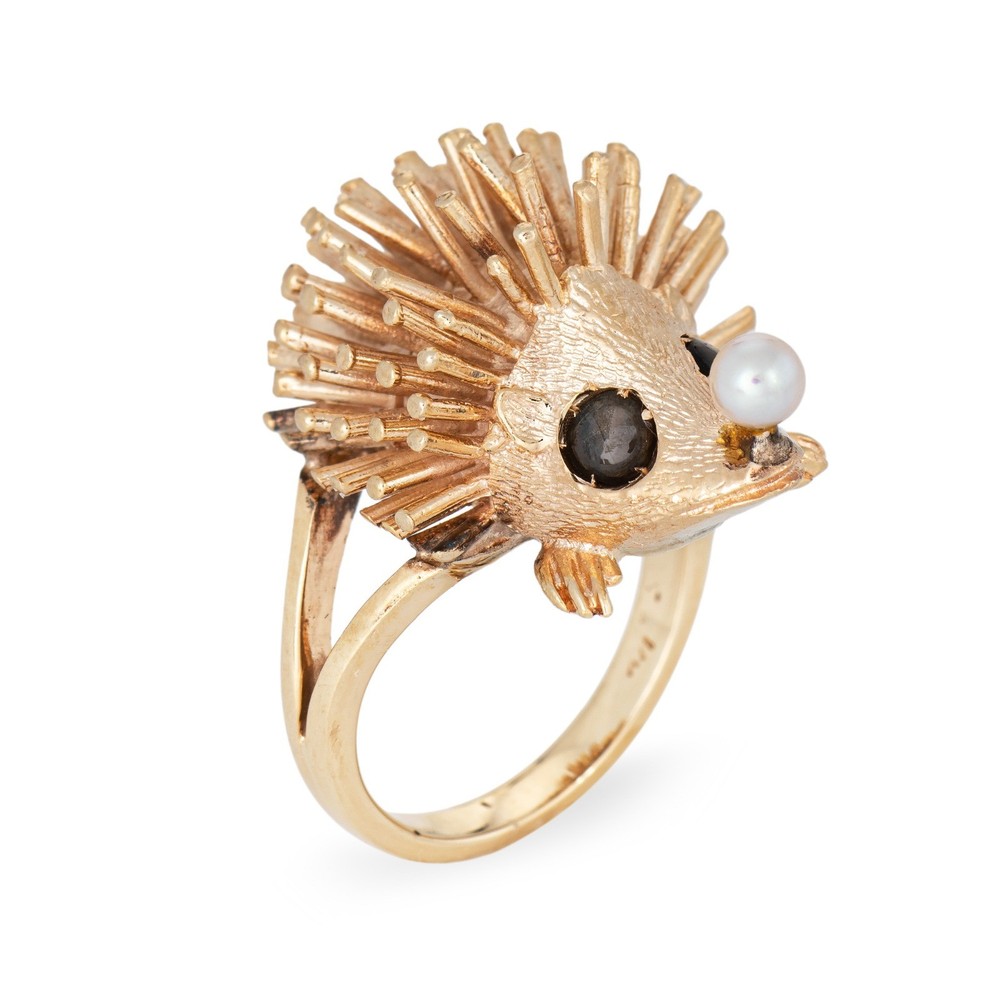 70s Vintage Hedgehog Ring 14k Yellow Gold Pearl Sapphire Eyes Sz 4.5 Jewelry
