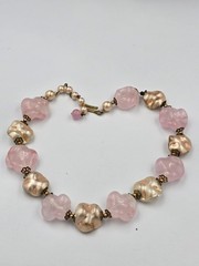 Vintage Pink Frosted Molded Glass & Gold Tone Bead Choker Necklace Hook Clasp