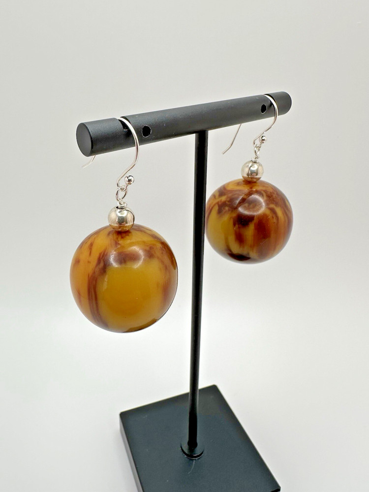 New Sterling Silver Antique Marbled Amber Bakelite Dangle Earrings 4.5cm JB23