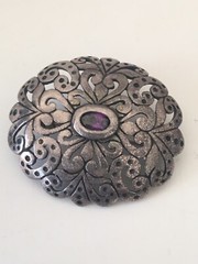 Vintage Jezlaine Sterling Silver Amethyst Filigree Scroll Ornate Brooch Pin