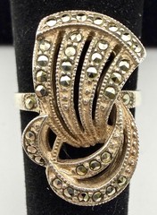 Vintage Sterling Silver Marcasite Bow Ring Signed Mid Century Art Deco