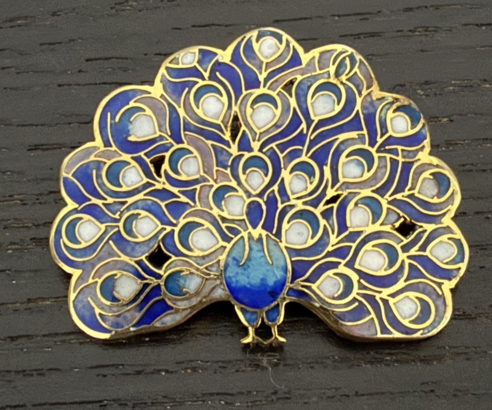 Vintage Cloisonné Peacock Brooch with enamel work and gold-tone accents