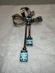 VTG Mazer Sterling Vermeil Aqua Rhinestone Ribbon Bow Dangle Brooch Pin
