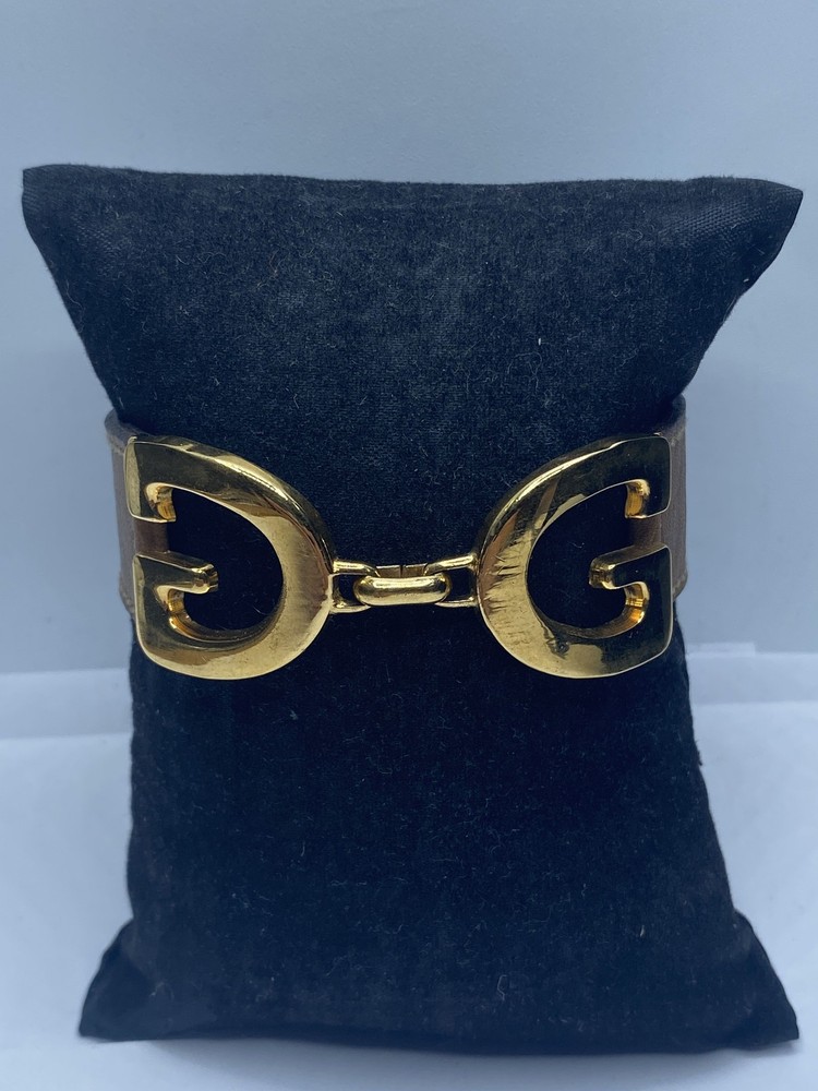 Gucci Vintage Interlocking G Gold Tone Brown Leather Bracelet 8.125″ COA