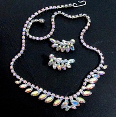 VTG EXQUISITE B DAVID AB RHINESTONE NECKLACE CLIP EARRINGS Prong Set 60s EXC