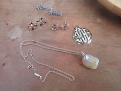 #33W antique set of 3 rhinestone earrings 1 necklace 13.5″ in long