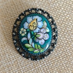 Vintage Soviet Finift Enamel Brooch Hand Painted Floral Oval Pin Filigree Frame