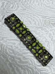 Vintage Green Faceted Cabochon & AB Rhinestones Ornate Stretch Bracelet