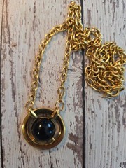 Vintage MONET Round Link Gold Tone Chain Large Black Cabochon Pendant Necklace
