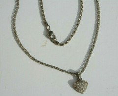 vtg Pave Crystal Necklace Heart Rhinestone Pendant Silver Tone Chain 18″