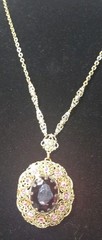 Vintage West Germany Ornate Flower Rhinestone Filigree Necklace Purple Amethyst