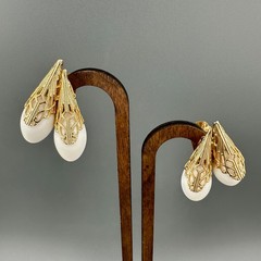 Vintage Napier Earrings Gold Tone Filigree Cap White Bead Tall Climber 1950s