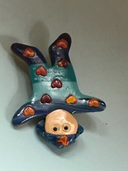 Handmade Blue Polymer Clay Boy w Hearts all Over & Round Wire Rim Glasses Pin