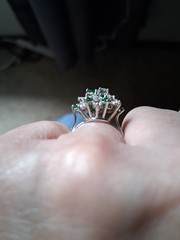 Diamond and Emerald cocktail ring with platinum band, very elegant– size 8