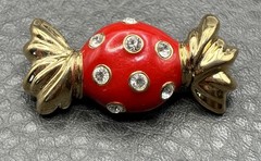 Vintage St. John 80s Red Enamel Rhinestone Candy Brooch Gold Tone Couture