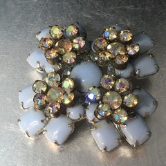 Vtg Maltese Cross Blue Milk Glass Brooch Pin AB Crystal Floral Accents 2.4″