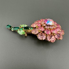 Vintage Judy Lee Rhinestone Flower Brooch Shades of AB Pink Green Long Stem READ