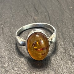 Sterling Silver 925 Vintage GOD Signed Baltic Amber Ring Sz 8 Modernist