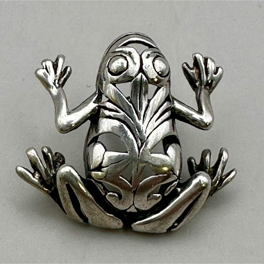 Frog Lapel Pin Scroll Intricate Design Signed Jezlaine Sterling Silver 925