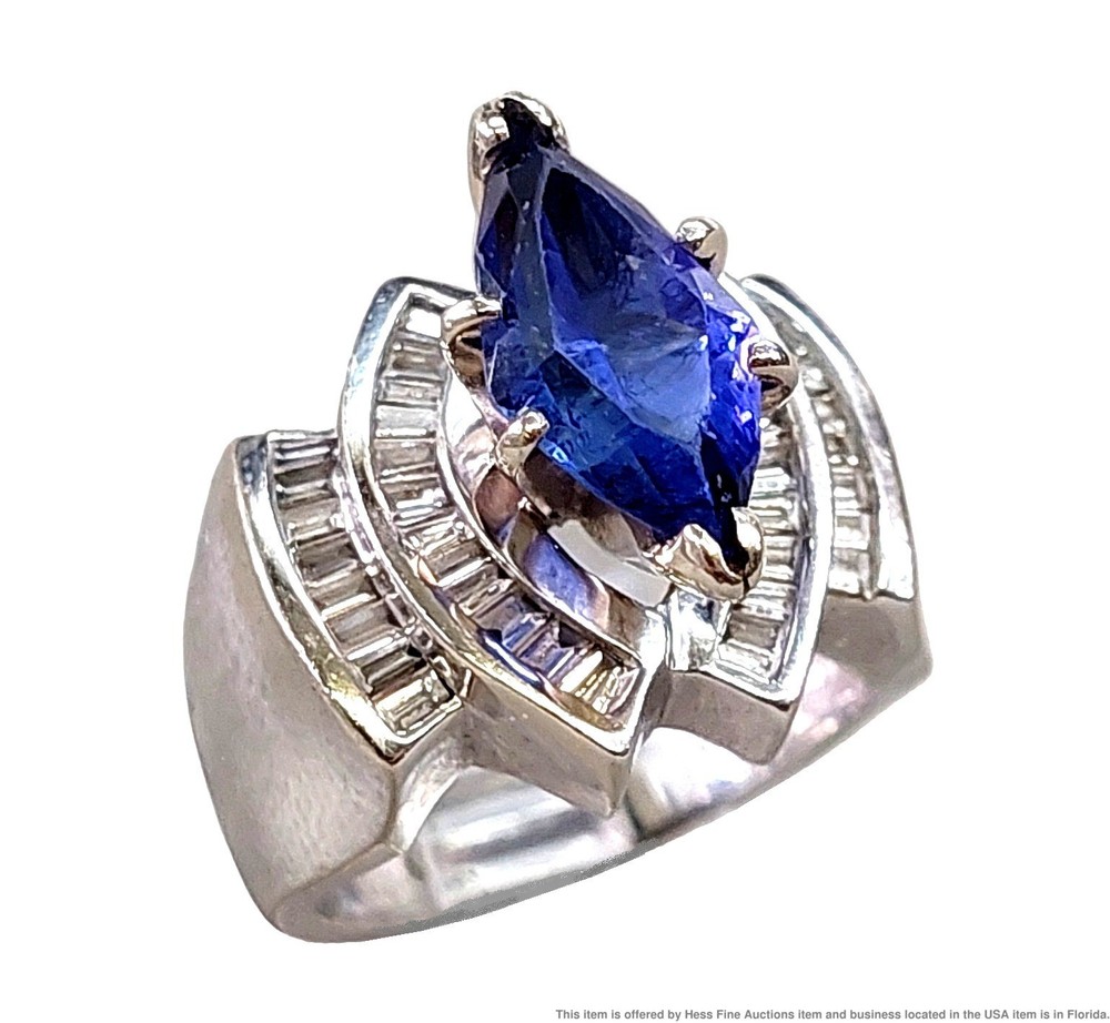 Gem Quality Tanzanite Fine Diamond Heavy 14k White Gold Vintage Statement Ring