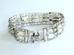 Fabulous Vintage Sparkling Clear Rhinestone Wide Bracelet Fold Over Clasp
