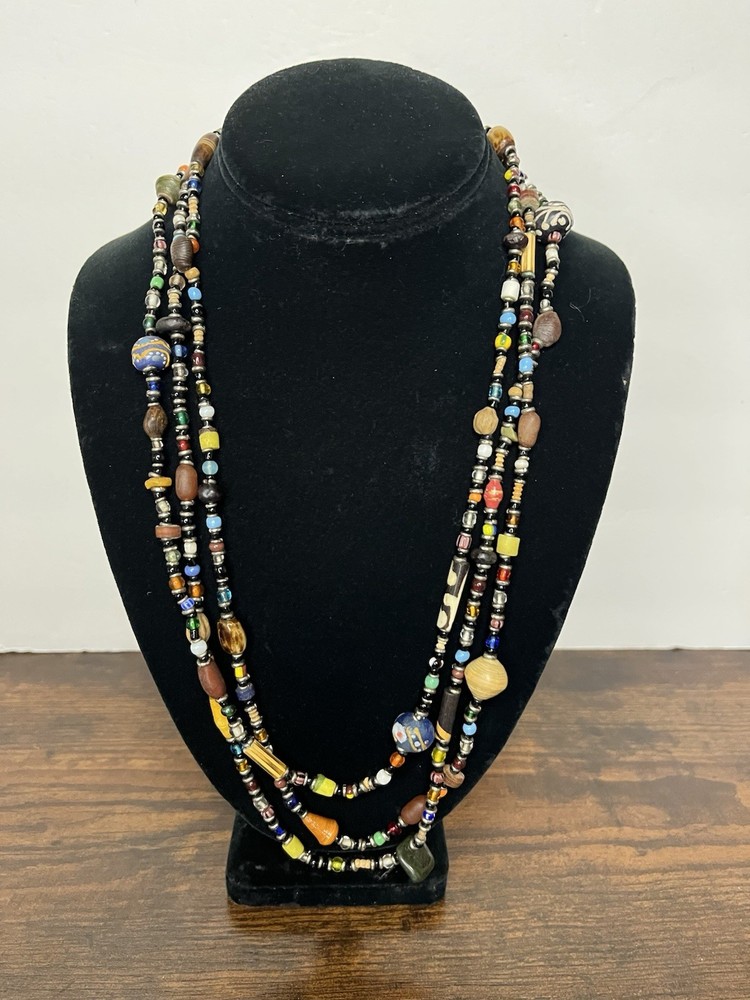 Vintage Multi-Strand Beaded Necklace Statement Multicolor Acrylic Glass, Wood