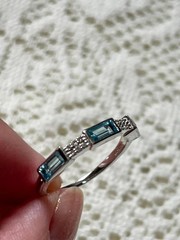 VINTAGE Blue Baguette & Quartz Round Half Eternity Band Silver SIGNED -SIZE 6.75