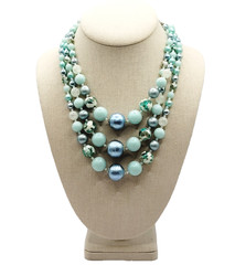 Aqua Teal Blues Multi Color Graduated Triple Strand Bead Vtg MCM Necklace Japan