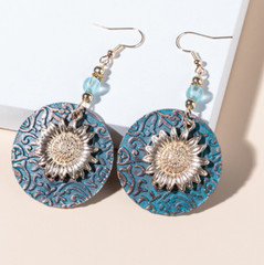 Bohemian Boho Sunflower Daisy Hook Earrings Retro Double Layer Dangle Drop, Teal