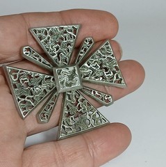 Vintage Silver Tone Maltese Cross Pin Brooch Motifs Ornate Openwork Filigree