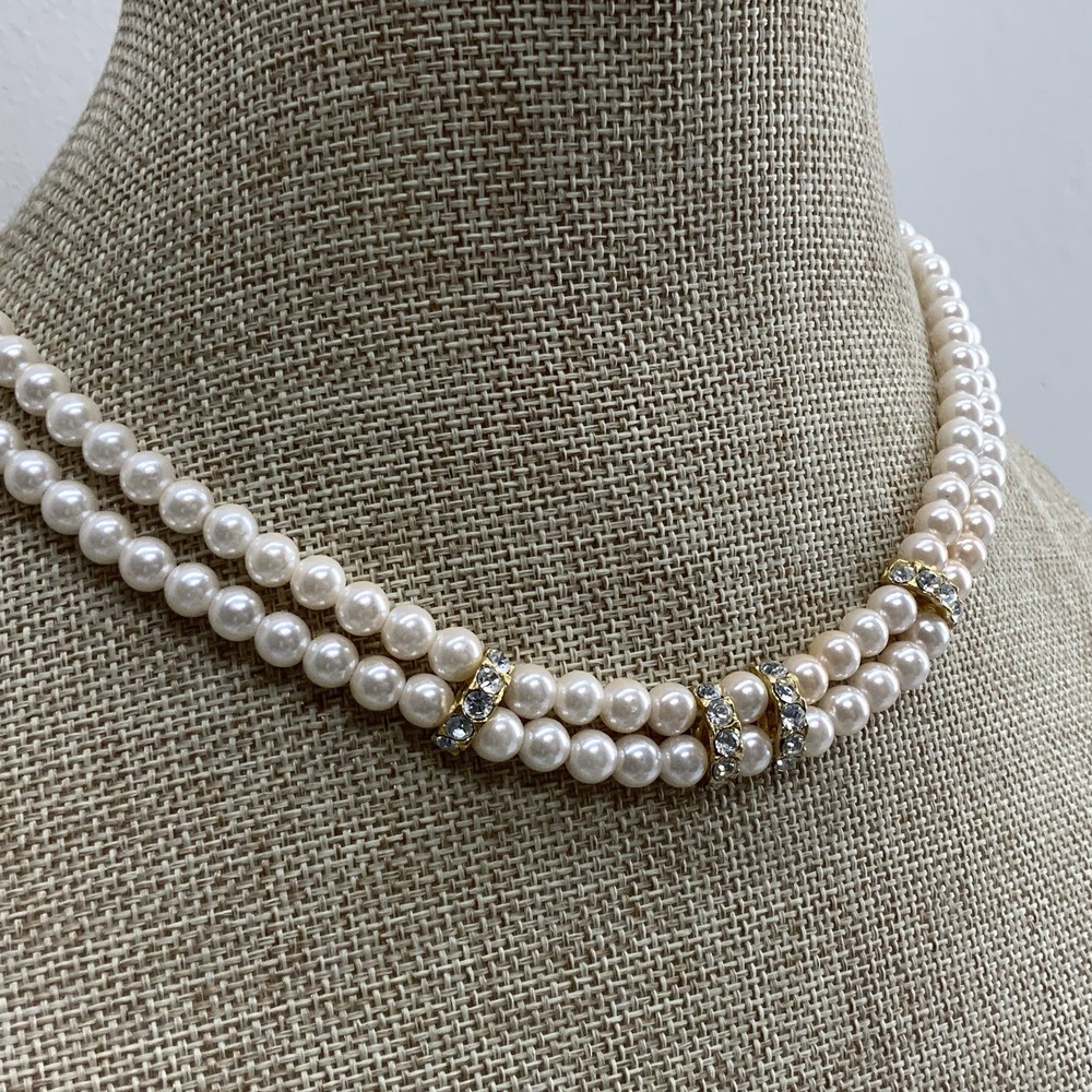 Vintage 80s faux pearl rhinestone double strand necklace in gold tone metal