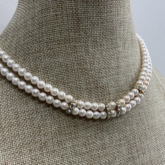 Vintage 80s faux pearl rhinestone double strand necklace in gold tone metal