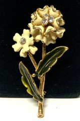 Vintage Monet White and Green Enamel and Rhinestone Flower Brooch Pin 2.5in