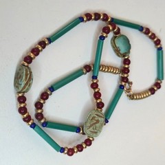 Vintage Egyptian Revival Necklace With Teal Scarab Beads & Red Gold Glass boho