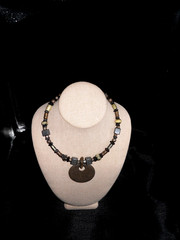 VTG Glass and Acrylic Boho beaded Collar Necklace with Heavy Metal Pendant